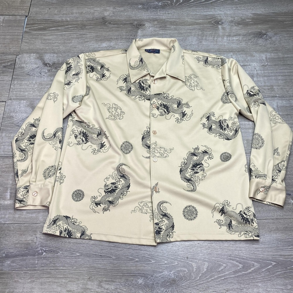 Vintage 90s Y2K Dragon‎ Print Shirt Mens L Beige Rave Streetwear USA Club Asian